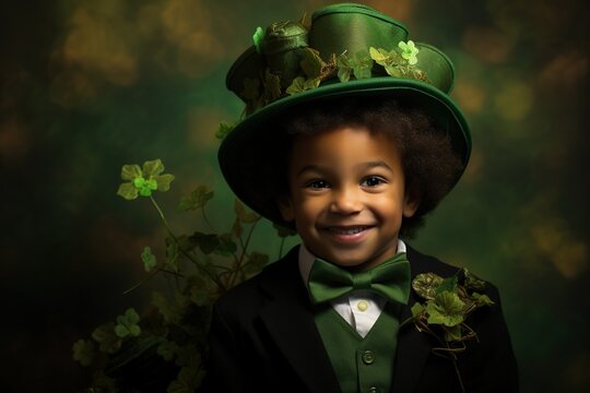 Portrait of a smiling boy in a leprechaun costume. St. Patrick's Day.