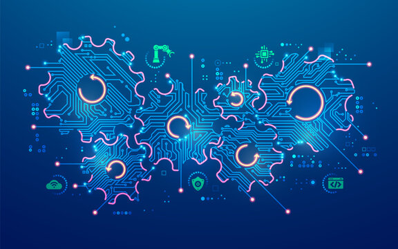 concept of engineering technology or industry 4.0, graphic of futuristic gear wheel with industrial element
