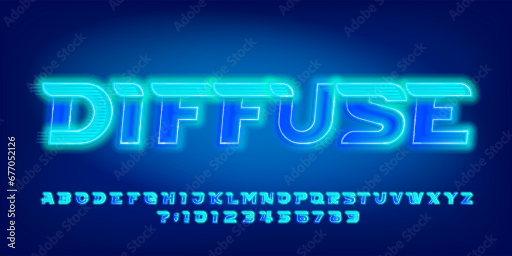 Poster diffuse alphabet font. blue neon letters and numbers with a speed effect. stock vector typeface for 