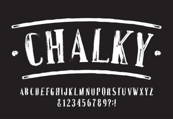 Chalky alphabet font. Vintage serif letters, numbers and symbols. Stock vector typeface for your design. - obrazy, fototapety, plakaty