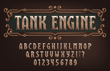 Tank Engine alphabet font. Riveted vintage letters and numbers. Stock vector typescript for your design. - obrazy, fototapety, plakaty