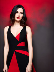 Model in red and black dress
