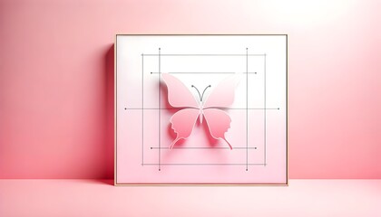 Aesthetic artistic pink background with simple minimalist butterfly isolated on white, template, copy space text