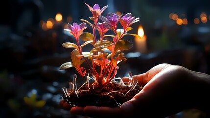 Glowing plant in hands
