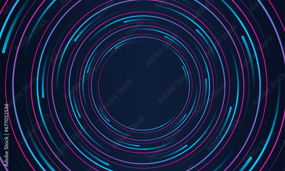 Poster Abstract circle line pattern spin blue pink light isolated on black background in the concept of music, technology, digital