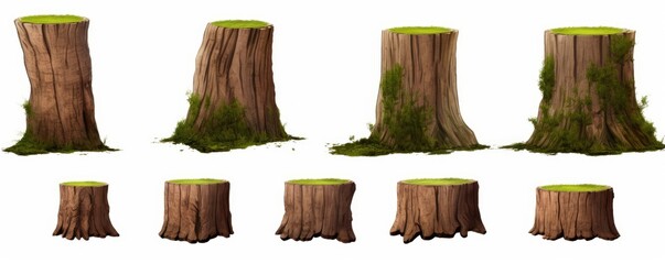 tree stumps, set of old and overgrown stubs, isolated on white background, Generative AI