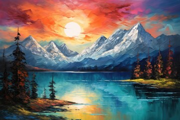Sunset Serenity: A Breathtaking Painting of a Mountain Lake at Dusk