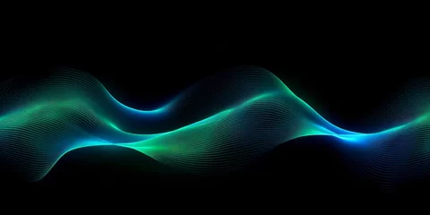 Foto op Plexiglas 3D  wave lines pattern smooth curve flowing dynamic blue green gradient light isolated on black background for concept technology, digital, communication, science, Generative AI © The Picture House