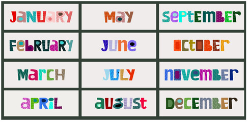 Names of months. for print, invitation or greeting cards, brochures, poster, calendar, planner, diary, t-shirts, mugs. Unique designed hand drawn letters,