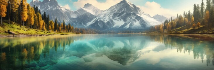A Serene Reflection: Majestic Mountain Lake Enveloped in Verdant Forest Canopy