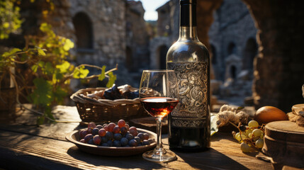Obraz na płótnie Canvas old bottle of red wine with wine glass and grapes fruit with beautiful blurred old castle and greenery background created with Generative AI Technology