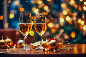Two glasses on a bright background. Christmas decorations on the table