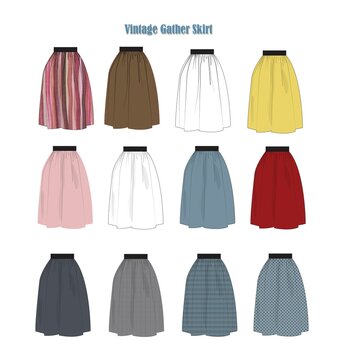 Gather Skirt. Flat sketch, coloring fashion design, Fashion illustration.