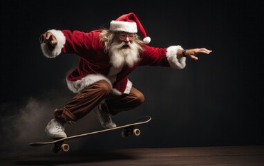 Portrait of Santa rides a skateboard. A man in a red costume and an artificial beard for New Year's Eve. - obrazy, fototapety, plakaty