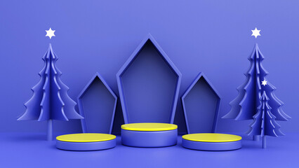Empty podium and blue pine trees Used for New Year and Christmas festivals. 3d render