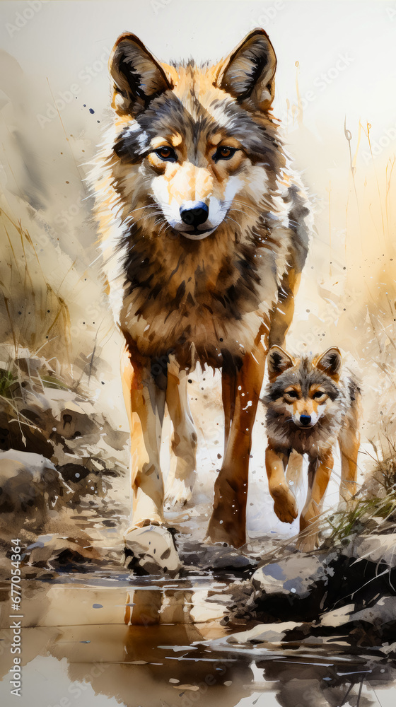 Sticker Image of wolf and baby wolf walking in the snow.