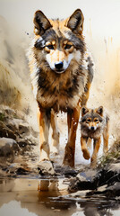Image of wolf and baby wolf walking in the snow.