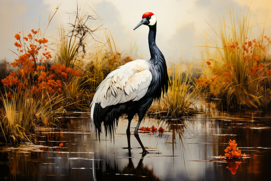 Image of large bird standing in body of water.