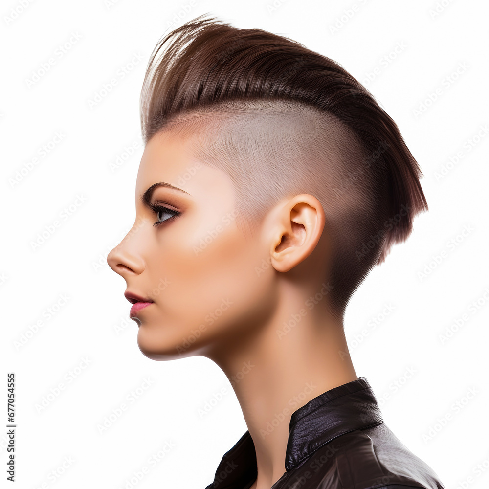 Sticker female model with undercut hairstyle, isolated on white background