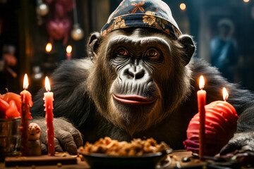 Monkey wearing hat sitting in front of plate of food.