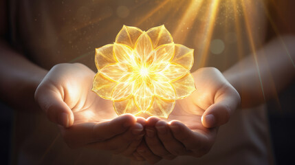 beautiful feminine hands holding the flower of life magically glowing with healing heavenly rays of golden light created with Generative AI Technology - obrazy, fototapety, plakaty
