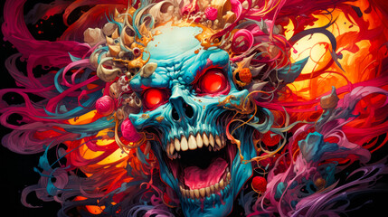 Image of skull with red eyes and colorful hair.