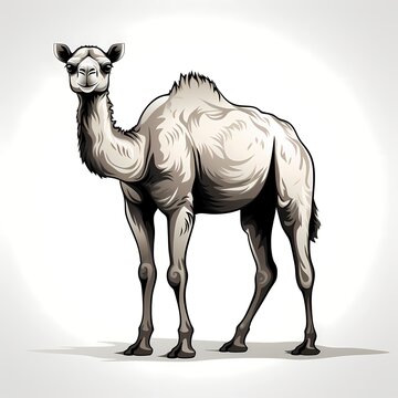 Drawing of camel standing on white background with shadow.