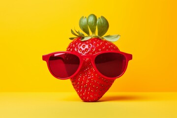 A fresh red strawberry wearing summer sunglasses.  Generative AI