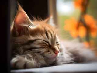Cute little kitten sleeping on white bedding, closeup.