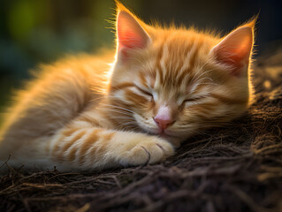 Naklejka na ściany i meble Cute little kitten sleeping on white bedding, closeup.