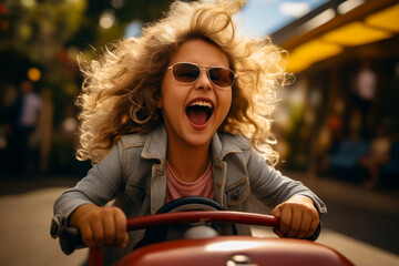 Woman with sunglasses on driving red car with surprised look on her face.