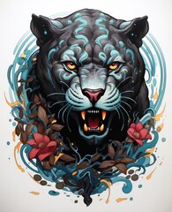 A Majestic Black Tiger Adorned with Vibrant Blue and Red Floral Crown