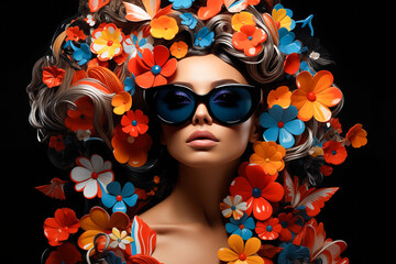 Woman with sunglasses and flowers in her hair is shown.