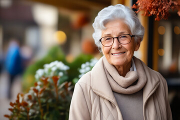Woman wearing glasses and scarf smiles at the camera.