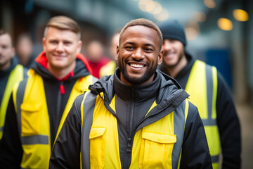 Man in yellow vest smiles at the camera while other men in black and yellow vests stand behind him.