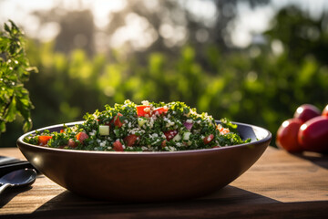Fresh Tabbouleh Salad in Sunlit Garden Setting