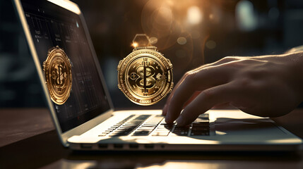 Hand on laptop key pad, Crypto symbol in background, E money, e business 