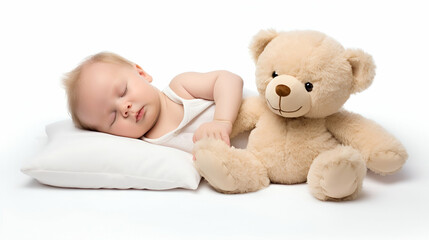 baby with teddy bear, child sleep with teddy bear on white background 