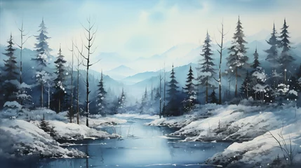 Fotobehang An abstract watercolor background of a serene winter scene, with soft washes of color suggesting snow-covered landscapes and pine trees, blending traditional holiday motifs with artistic expression © Artbotics