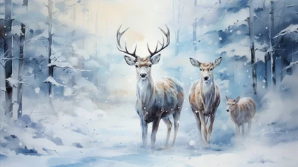 Fotobehang An abstract watercolor background of a serene winter scene, with reindeers in snow-covered landscapes and pine trees, blending traditional holiday motifs with artistic expression © Artbotics