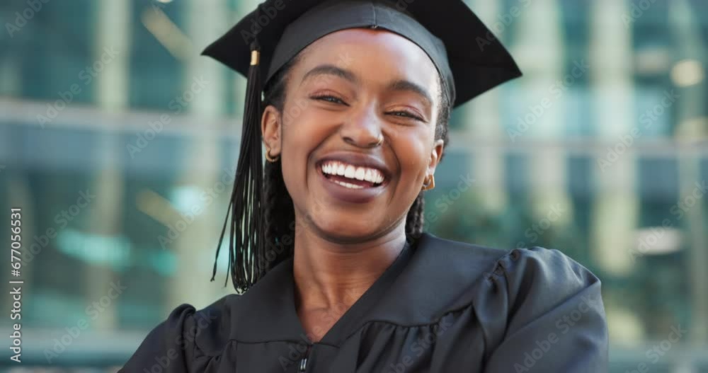 Poster Face, funny and black woman with graduation, education or celebration with happiness, robe or university. Portrait, person or academic with student, excited or achievement with success or scholarship