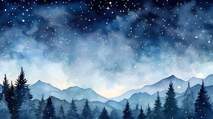 winter forest with snow and mist, mountains in the background, panorama view, watercolor illustration suitable as greeting card or background banner