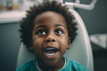 African american child at dental clinic happy face. Cute portrait with open oral mouth. Generate Ai