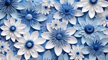 paper quilting blue and white flowers seamless pattern, copy space, 16:9 - obrazy, fototapety, plakaty