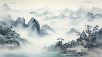 mountain range in the mist, chinese ink wash painting, copy space, 16:9 - obrazy, fototapety, plakaty