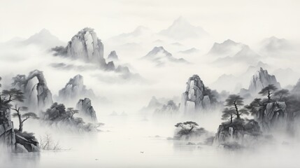 mountain range in the mist, chinese ink wash painting, copy space, 16:9