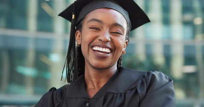 Face, funny and black woman with graduation, education or celebration with happiness, robe or university. Portrait, person or academic with student, excited or achievement with success or scholarship