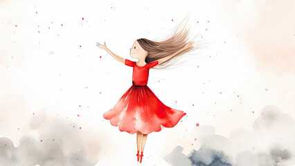 Little smiling girl in dress on light background. Impressionism style. Happy child