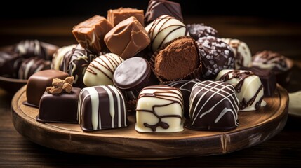 dark, milk and white chocolate candies / pralines / truffles, assorted on wooden table, copy space,...
