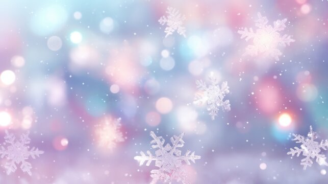 Snowflakes dance amidst shimmering bokeh lights. Holiday season backdrop.